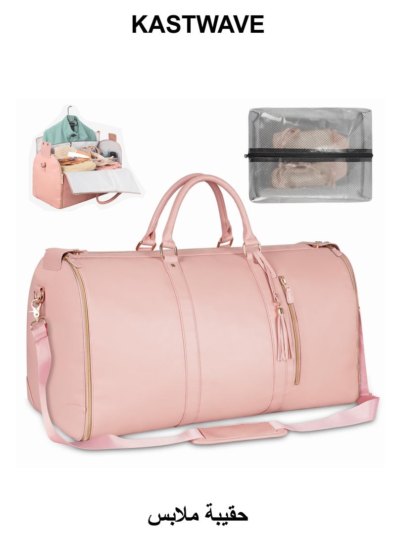 KASTWAVE Carry On Garment Bag, Foldable PU Leather Duffle Bag for Women, Large Waterproof Garment Bags for Travel with Shoe Pouch, 2 in 1 Hanging Suitcase Suit Travel Essentials, Gifts for Women (Pink) - Image 1