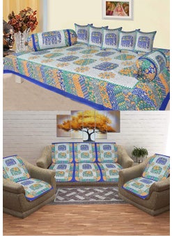 SkyKross - Everyday A New Thing SkyKross Everyday A New Thing Barmeri Special Hathi Pure Cotton ROOMSET Diwan Sofa Cover Set Combo Single Bedsheet 2 Bolster Covers 5 CushionCovers and Five Seater Sofa Cover Set Blue  - Image 1