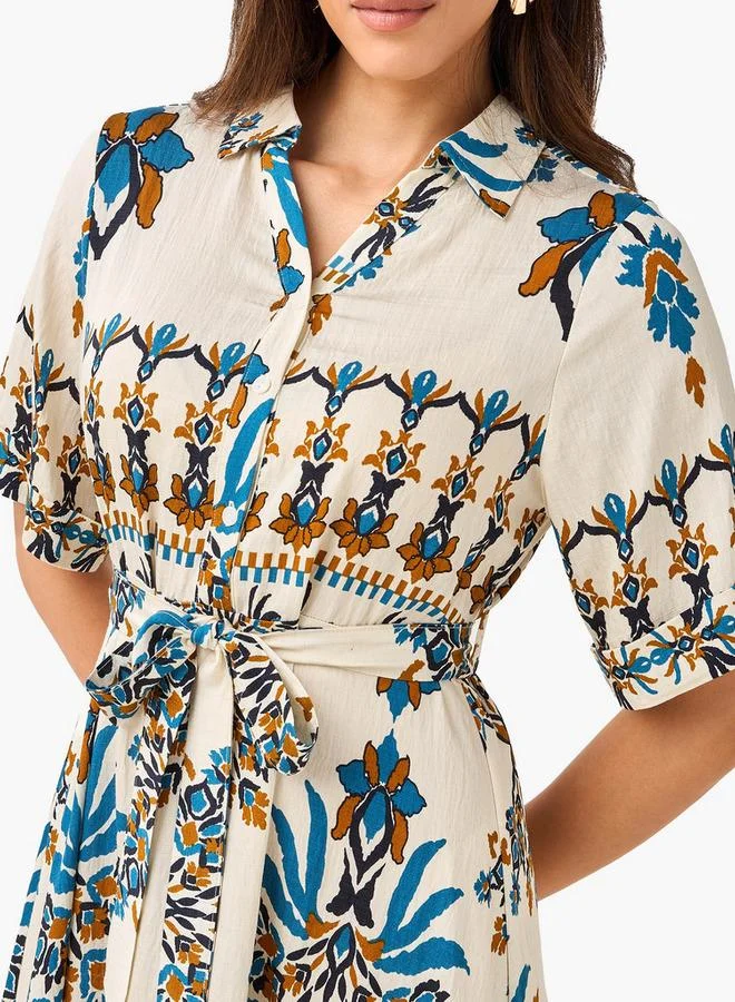 Splash FAV Belted Midi Shirt Dress with Printed Design