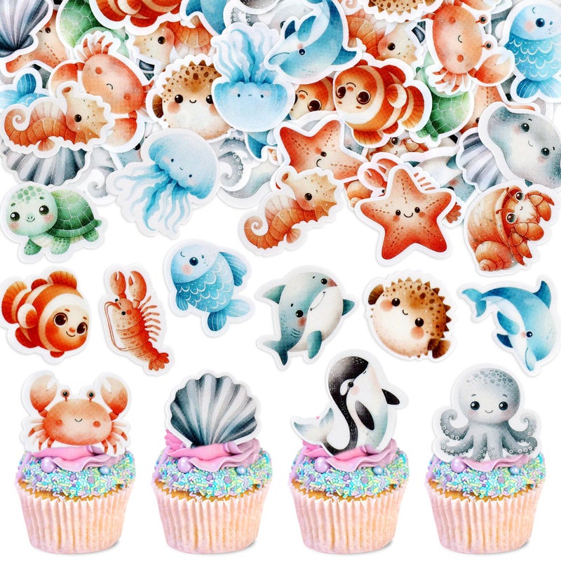 Ercadio 48 Pcs Edible Ocean Animal Cupcake Toppers Under the Sea Turtles Octopus Cupcake Drink Topper Picks Seahorse Coral Cake Decorations for Under the Sea Theme Baby Shower Birthday Party Supplies - Image 1