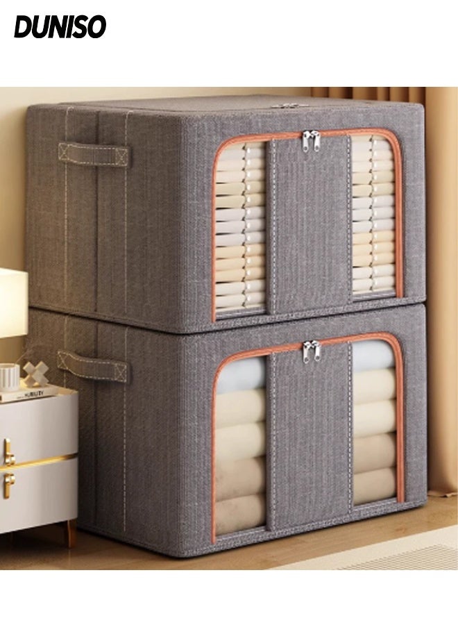 DUNISO 2 Pcs Large Storage Boxes，Clothes Storage Bins with Metal Frame，Foldable Stackable Clothing Storage Bins with 2 Clear Window & Carry Handles & Double Door，for Clothes,pants,Bedding, Blankets, Books,50*40*33cm - Image 1