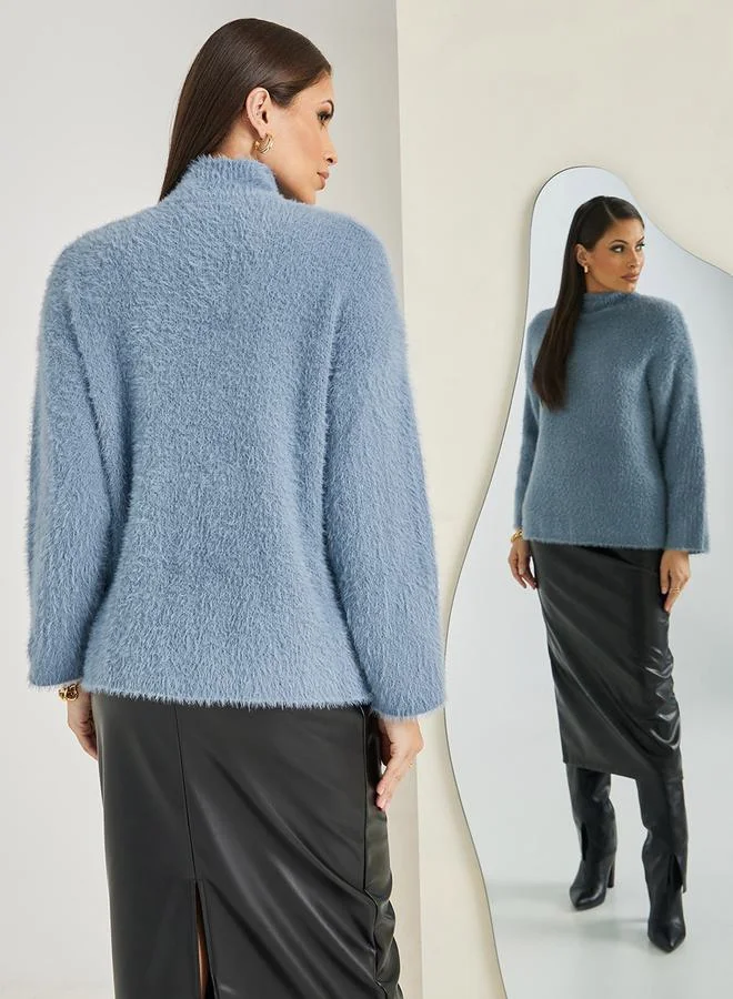 Styli Oversized High Neck Fuzzy Yarn Sweater