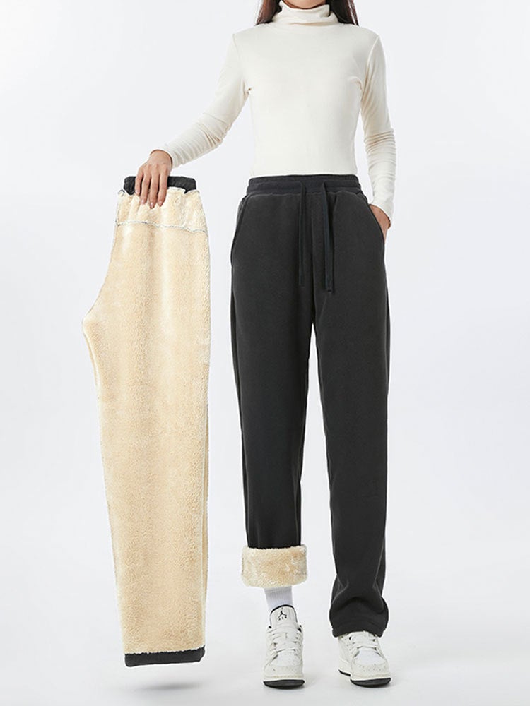 Solid Color Two-Open Fleece Pants Winter Fleece-Lined Thickened Warm Pants Ao-Grain Fleece Fleece Couple'S Casual Pants - Image 2