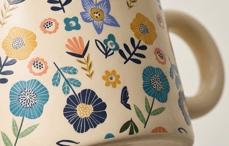 مج بورسلين متعدد الألوان بزخارف نباتية جسم بيج مقبض دائري كريمي 350 مل تصميم زهري ملون للقهوة والشاي - Image 2