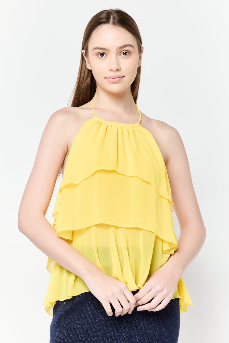 ESPRIT توب نسائي بلا أكمام بتصميم هالتر، أصفر - Image 1