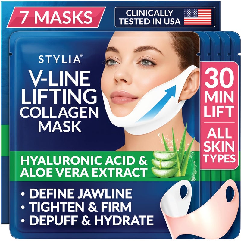Stylia V Line Lifting Collagen Mask - Lift, Firm & Contour Jawline - Double Chin Reducer Strap with Hyaluronic Acid & Aloe - Neck Tightening and Lifting Mask - Jawline Shaper Face Lift Tape (7PC) - Image 1