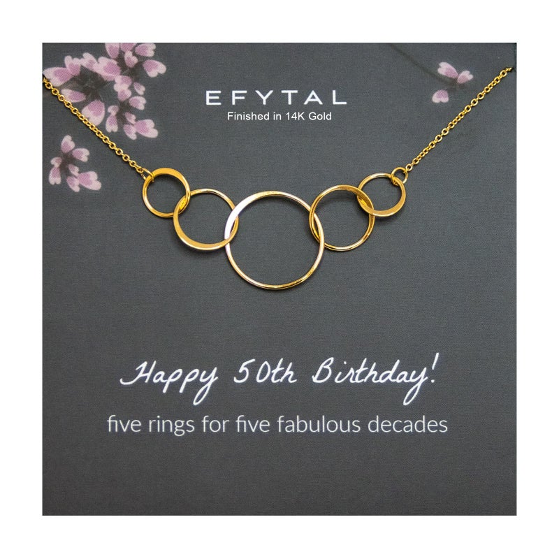 EFYTAL 50th Birthday Gift for Her, Gold Plated 5 Circle Necklace, 50th Birthday Gifts For Women, Cool Gifts for 50 Year Old Woman, 50th Birthday Decorations, 50th Birthday Gift Ideas (14k Gold Plated) - Image 1