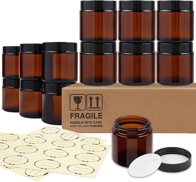 12 PACK 4 OZ THICK AMBER ROUND GLASS JARS WITH LIDS - EMPTY CANDLE MAKING JARS/FOOD STORAGE CANNING JARS/COSMETIC CONTAINERS WITH LEAKPROOF LIDS FOR CREAM LOTION BODY BUTTER BEAUTY PRODUCTS