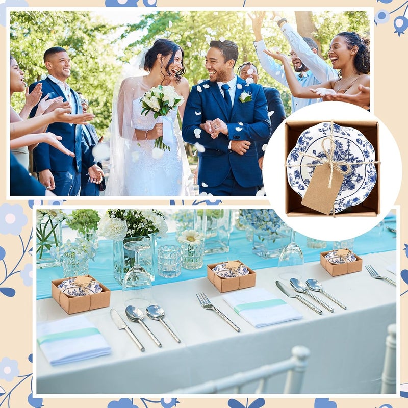 SiliFine 24 قطعة هدايا زفاف للضيوف مجموعة هدايا صغيرة من الأواني الخزفية تصميم زهور بطول 33 بوصة وعاء غمس صغير مع صناديق بطاقات هدية للزفاف أو حفلة استقبال المولود أو عيد الميلاد باللون الأزرق - Image 3