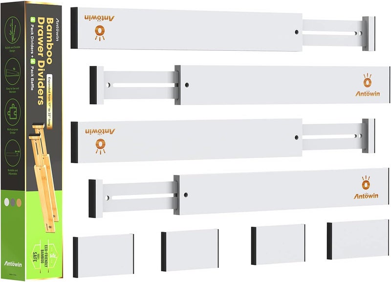 ANTOWIN Adjustable Bamboo Drawer Divider (43-56 cm), Drawer Organiser, Spring-Loaded, Kitchen, Chest of Drawers, Bathroom, Bedroom, Baby Drawer, Desk Organiser System (White) - Image 1