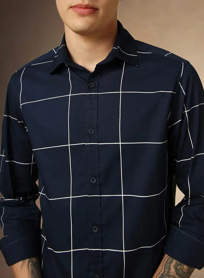 Dennis Lingo Men's Navy 100% Cotton Checkered Button Down Regular FiT-Shirt