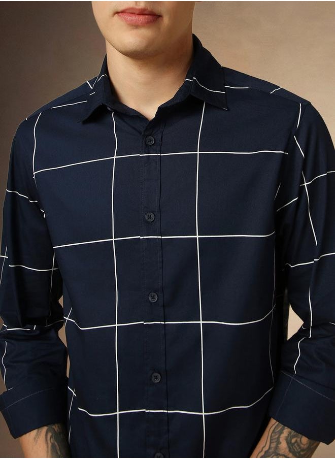 Dennis Lingo Men's Navy 100% Cotton Checkered Button Down Regular FiT-Shirt  - Image 5