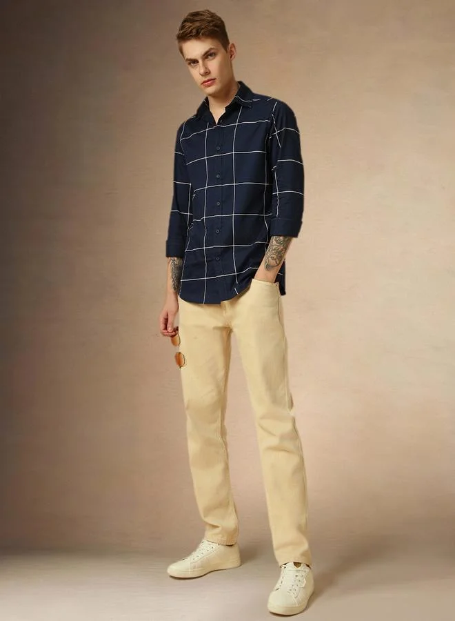 Dennis Lingo Men's Navy 100% Cotton Checkered Button Down Regular FiT-Shirt