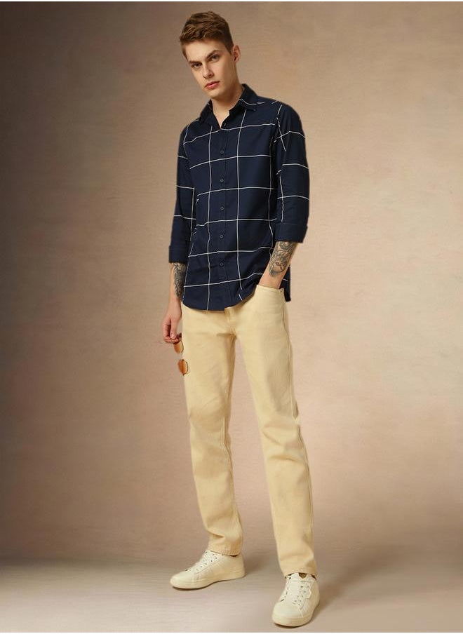 Men's Navy 100% Cotton Checkered Button Down Regular FiT-Shirt