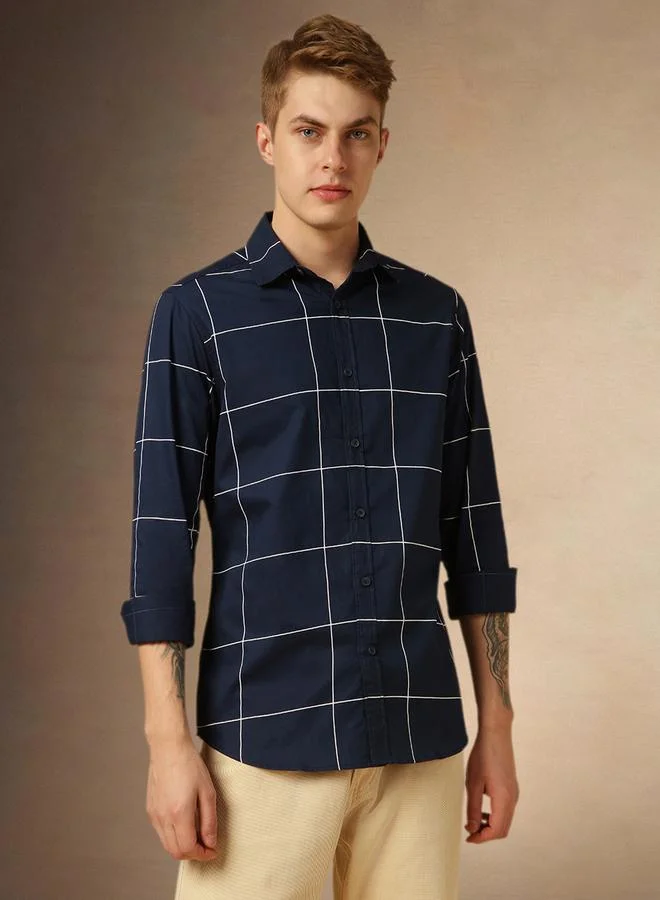 Dennis Lingo Men's Navy 100% Cotton Checkered Button Down Regular FiT-Shirt