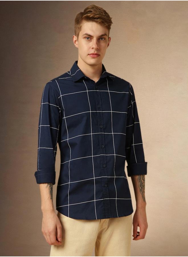 Men's Navy 100% Cotton Checkered Button Down Regular FiT-Shirt