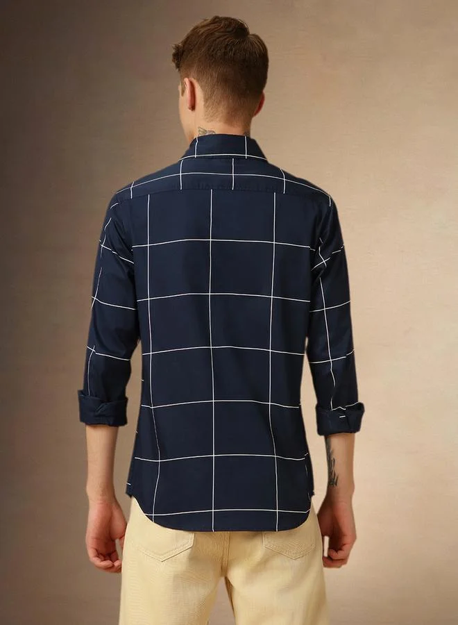 Dennis Lingo Men's Navy 100% Cotton Checkered Button Down Regular FiT-Shirt