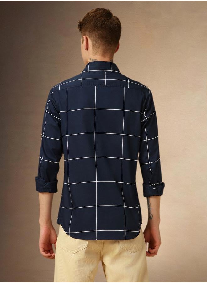 Dennis Lingo Men's Navy 100% Cotton Checkered Button Down Regular FiT-Shirt  - Image 3
