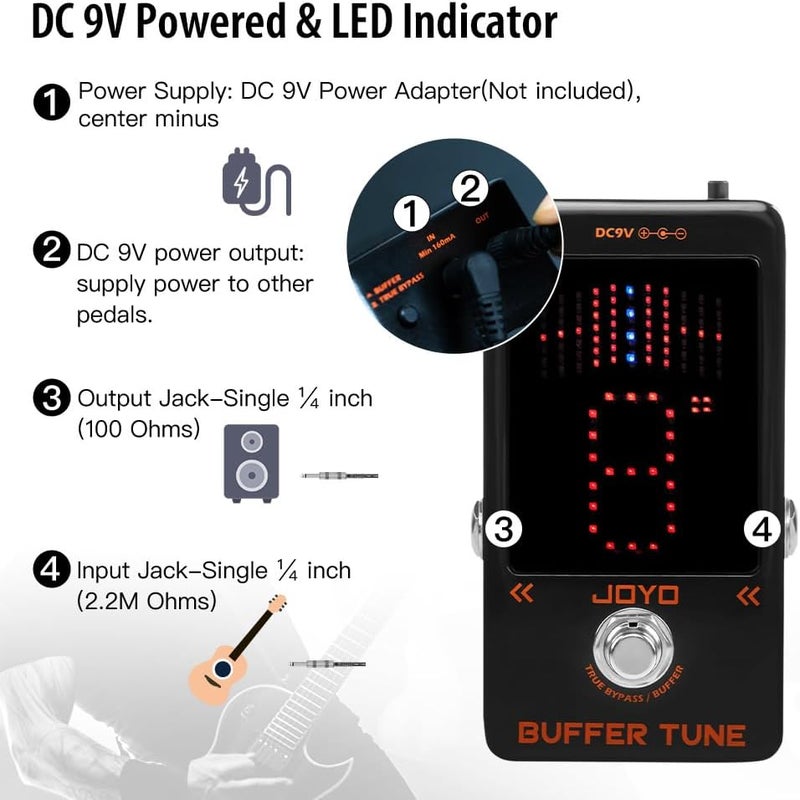JOYO Tuner Pedal with Built-In BUFFER, Compact Guitar Pedal with Accurate Tuning Mode and LED Screen for Bass Electric Guitar - True Bypass(Buffer Tune JF-19) - Image 4