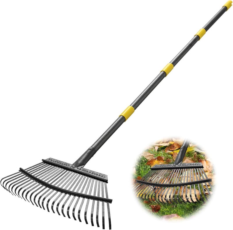 INFLATION Heavy Duty Garden Rake for Leaves for Lawns 65 Length 18 Width Adjustable 25 Tines Sturdy Metal Yard Gardening Leaf Rakes for Women Men with Smooth Comfortable Long Handle