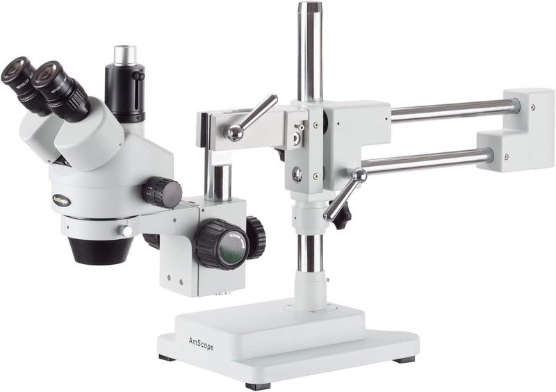 AmScope AmScope SM4T Professional Trinocular Stereo Zoom Microscope WH10x Eyepieces 7X45X Magnification 07X45X Zoom Objective Ambient Lighting DoubleArm Boom Stand  - Image 1