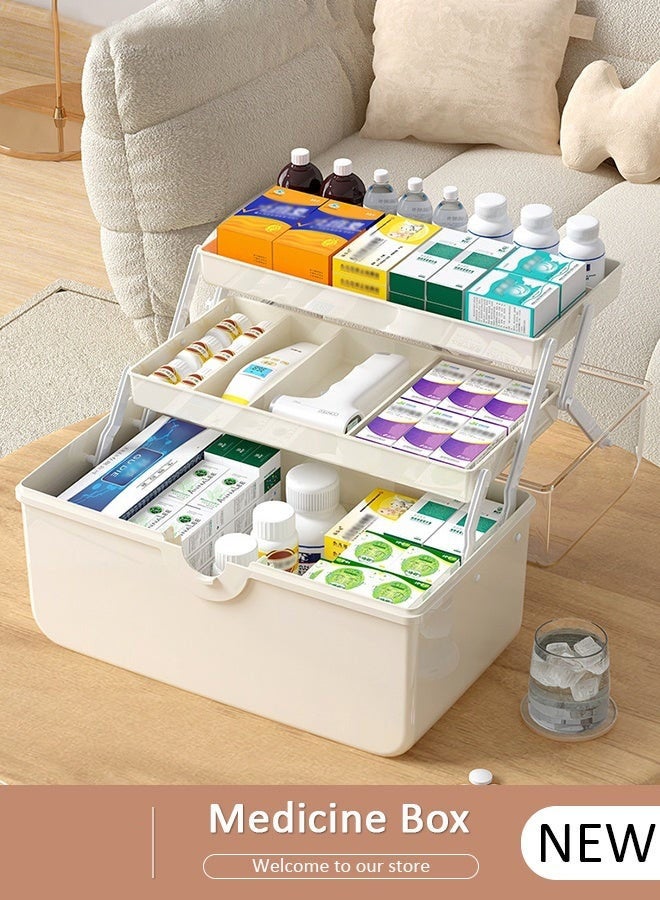 Medicine Box Plastic Medicine Storage Box Family Emergency Kit Medical Kit 3 Layers Home First Aid Box Child Proof Medicine Box Organizer Pill Case with Compartments and Handle