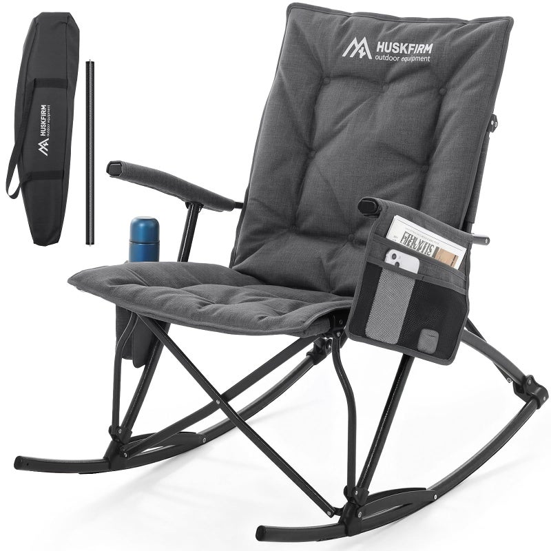 Huskfirm Oversized Rocking Camping Chair Folding Rocking Chair with High Back Padded Outdoor Rocking Chair Heavy Duty Portable Rocker Chair for Camping, Lawn and Patio, Supports Up to 400 lbs, Grey - Image 1