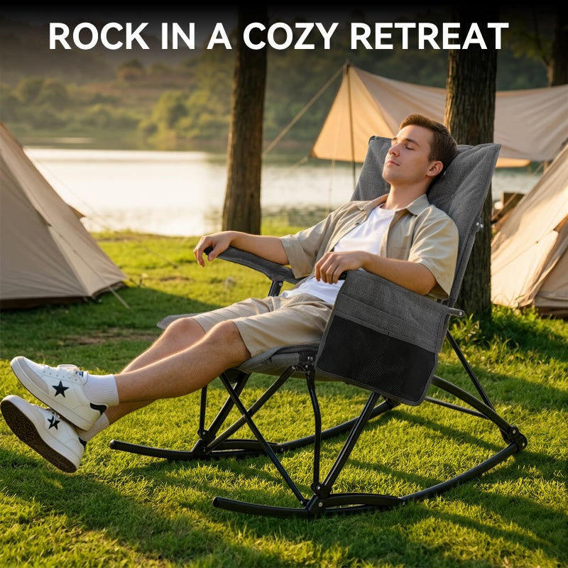Huskfirm Oversized Rocking Camping Chair Folding Rocking Chair with High Back Padded Outdoor Rocking Chair Heavy Duty Portable Rocker Chair for Camping, Lawn and Patio, Supports Up to 400 lbs, Grey - Image 2