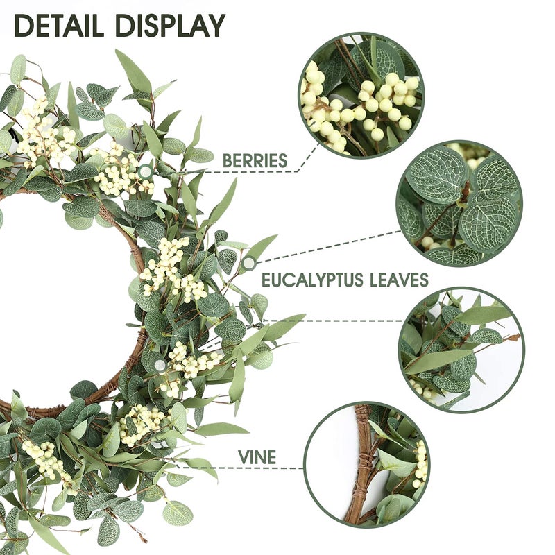 Pinkpum 16'' Eucalyptus Wreath for Front Door, Porch, Window - Green Decor for Home, Farmhouse - Spring, Summer, Fall, All Seasons - Image 2