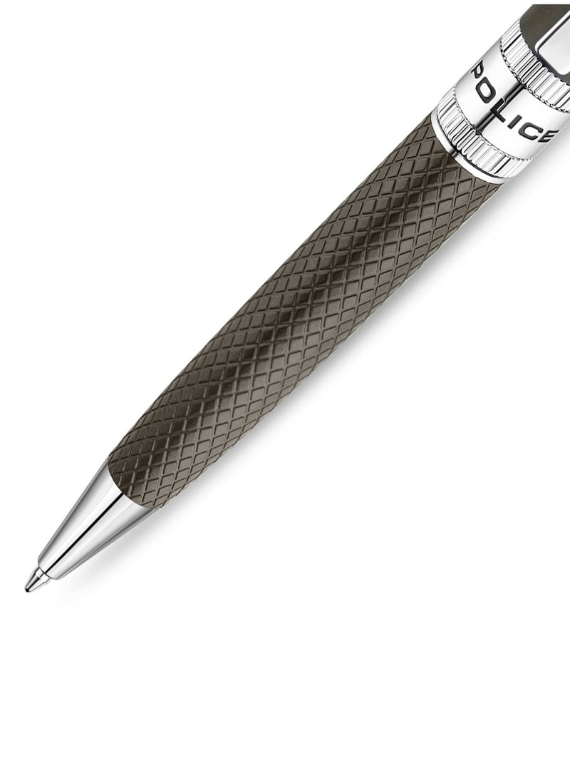 POLICE Serif.2 Grey Stainless Steel Textured Pen with Silver Trims and Blue Ink - Image 3