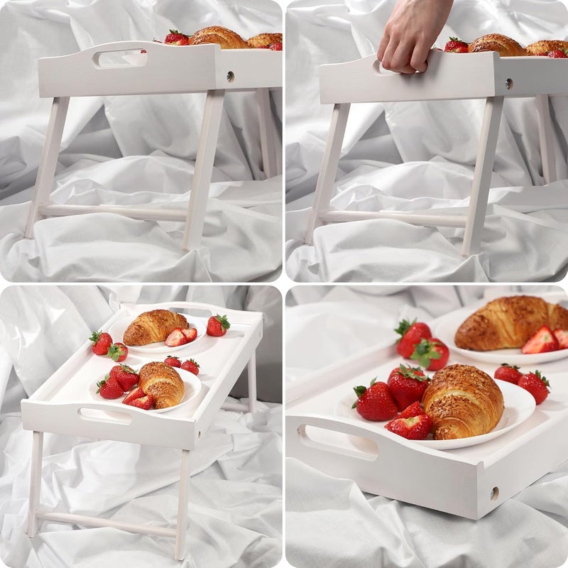 Harmony Home Multi-Function Bamboo Foldable Breakfast Table & Laptop Desk with Folding Legs and Handles - Versatile Bed Tray and Serving Table (WHITE) - Image 3