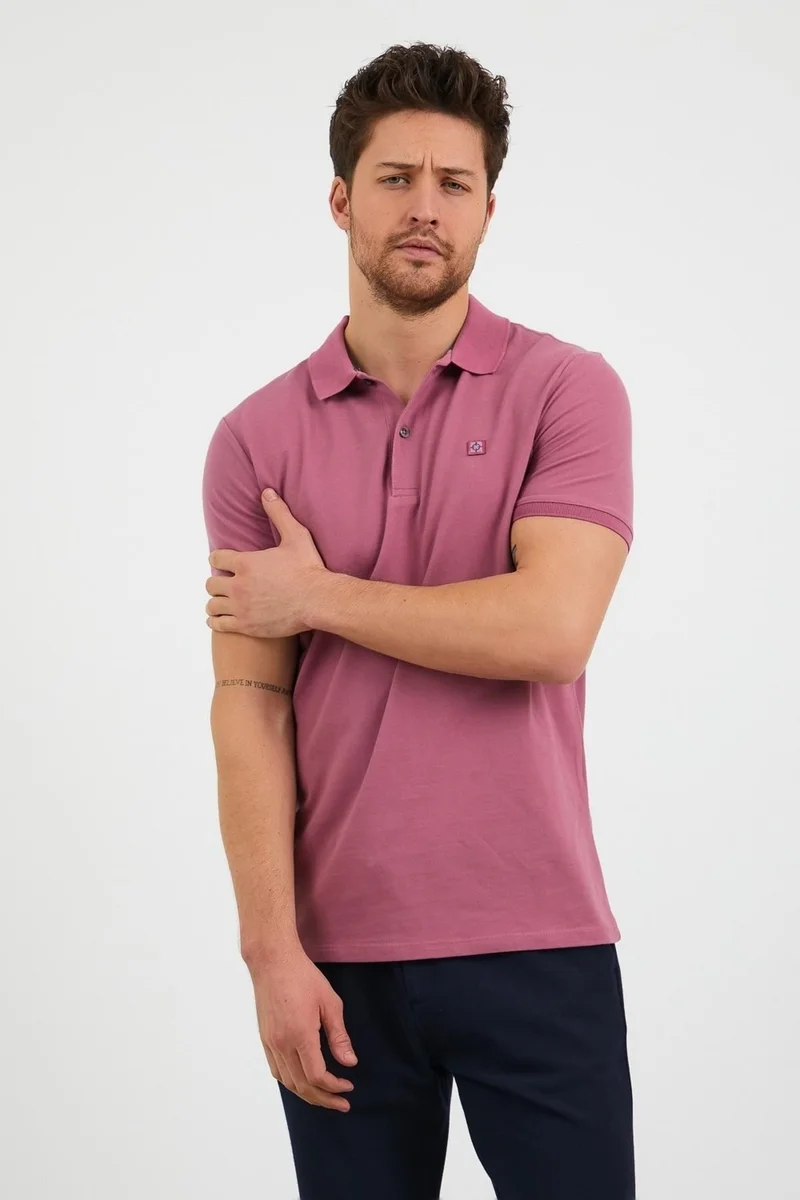 اوديلون Men's Slim Fit Narrow Cut Plain Polo Collar T-Shirt Dusty Rose