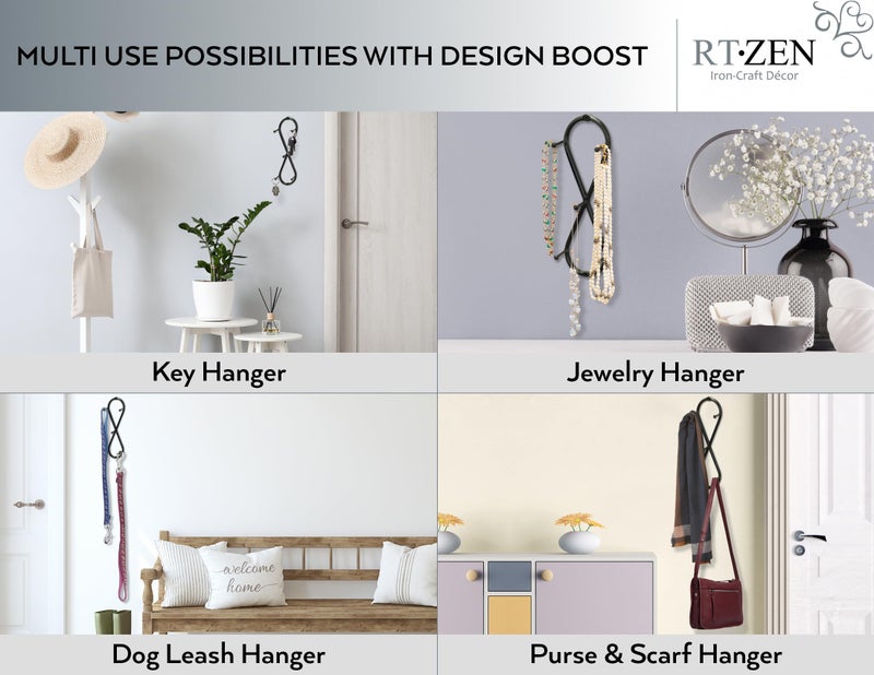 RTZEN Farmhouse Small Key Holder for Wall - Handcrafted Swirl Decorative 5 Key Hooks for Home Entryway - Wrought Iron Wall Mount Rack Purse Coat and Leash Holder or Organizer (Infinity Black) - Image 5