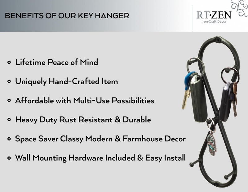 RTZEN Farmhouse Small Key Holder for Wall - Handcrafted Swirl Decorative 5 Key Hooks for Home Entryway - Wrought Iron Wall Mount Rack Purse Coat and Leash Holder or Organizer (Infinity Black) - Image 2