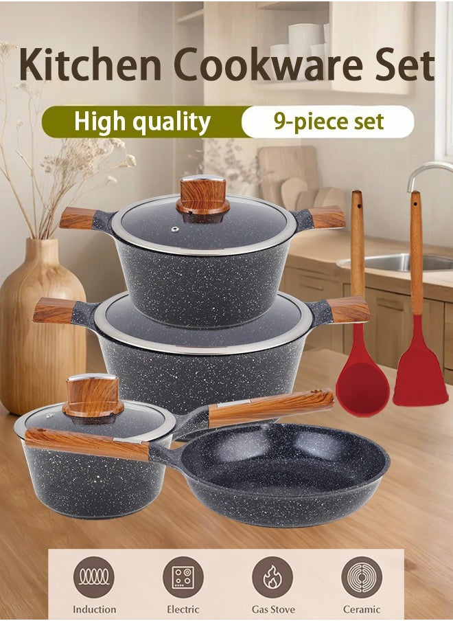 BMN 9-piece Non-stick Cookware Set, Granite Coated Non-stick Kitchen Cooking Set, Pfoa-free Kitchen Item, Durable Handles, Suitable For All Stoves (Gas, Electric And Induction), Black  - Image 1