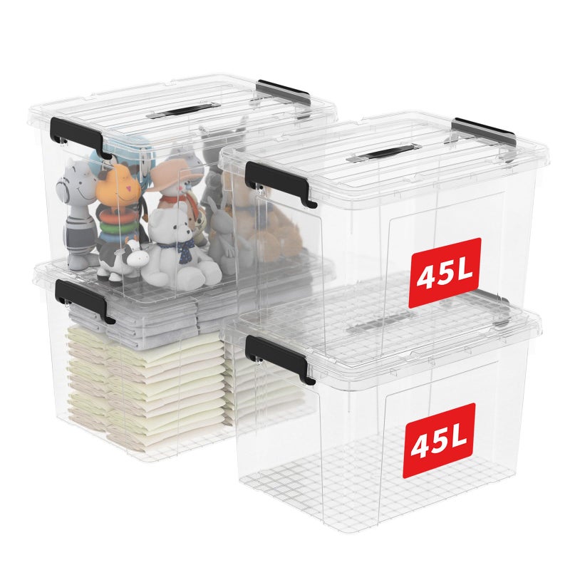 Cetomo 45L4 Storage Boxes Carry Plastic Storage Box with Lids Organizing Container with Handle and Secure Latching Buckles Stackable Nestable Tote Bin for Home Office Clothes 45L4Pack Clear