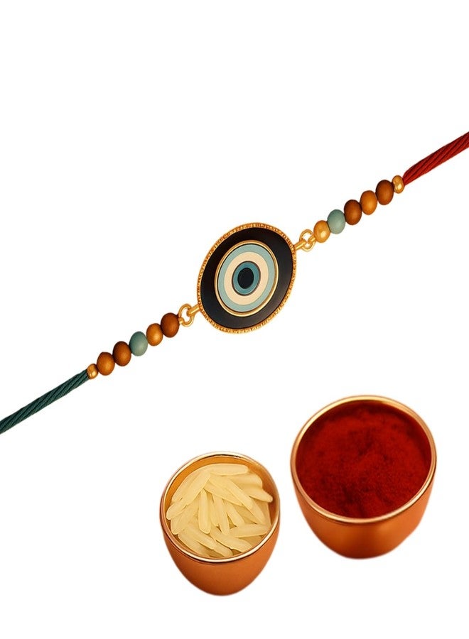 Sage Square Evil Eye Rakhi for Brother, Bhai with Roli Chawal | Raksha Bandhan | Designer Beads, Stones, Decorative Work | Stylish Handcrafted Rakhi Gifting for Sibling Festival Celebration (Type 1) - Image 1