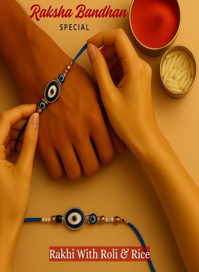 Sage Square Evil Eye Rakhi for Brother, Bhai with Roli Chawal | Raksha Bandhan | Designer Beads, Stones, Decorative Work | Stylish Handcrafted Rakhi Gifting for Sibling Festival Celebration (Type 1) - Image 3