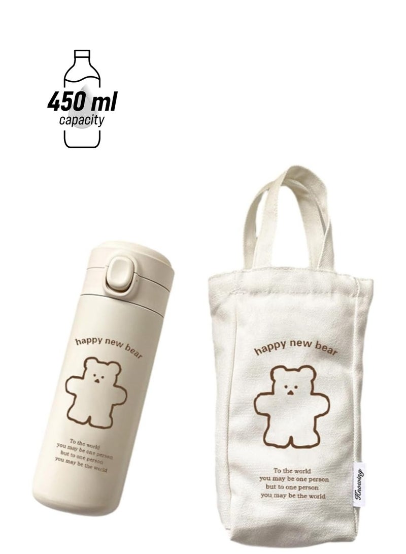 KASTWAVE Thermos Water Bottle, Kawaii Bear Thermal Water Bottle, Leak Proof Insulated Water Bottle, Portable Stainless Steel Thermal Bottle with Cloth Cover Hot or Cold Drinks - Image 1