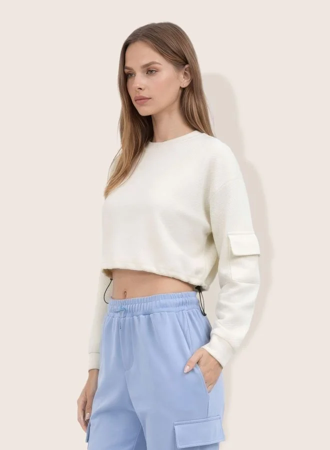 Freehand  Women Boxy Fit Solid Crew Neck Long Sleeve Cropped Sweatshirt  | Best Price UAE