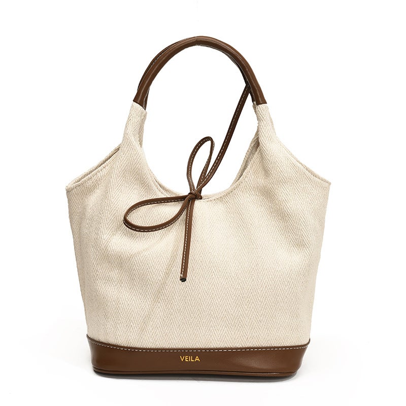 Women'S Bag New Arrival Coarse Canvas Basket Bag Fashion Stitching Contrast Color Trendy Bow Decorative Niche Underarm Bag - Image 1
