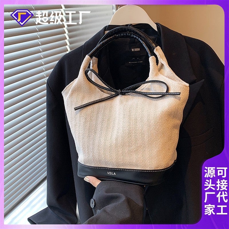 Women'S Bag New Arrival Coarse Canvas Basket Bag Fashion Stitching Contrast Color Trendy Bow Decorative Niche Underarm Bag - Image 2