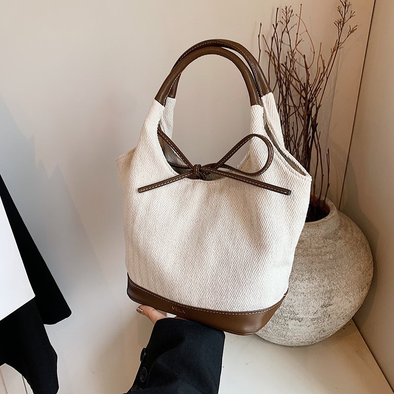 Women'S Bag New Arrival Coarse Canvas Basket Bag Fashion Stitching Contrast Color Trendy Bow Decorative Niche Underarm Bag - Image 3