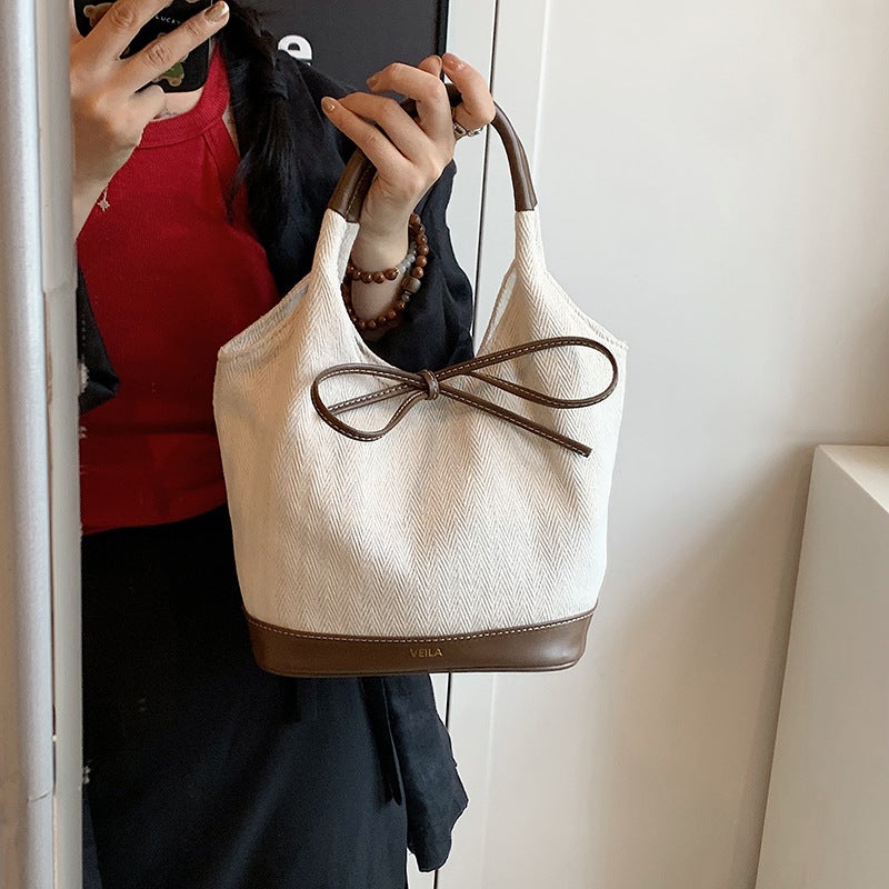 Women'S Bag New Arrival Coarse Canvas Basket Bag Fashion Stitching Contrast Color Trendy Bow Decorative Niche Underarm Bag - Image 5