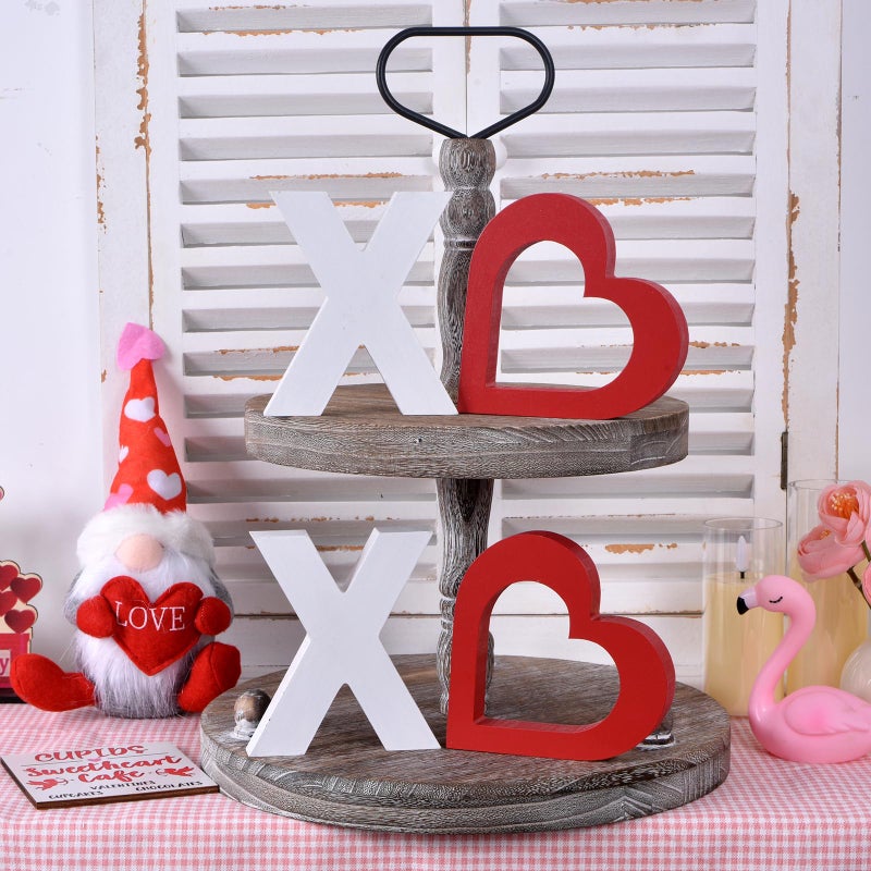 Ovootok Valentineâ€™s Day XOXO Table Decor, Rustic Valentineâ€™s Day Home Decorations, Freestanding Wooden Heart Sign for Tiered Tray, Mantel, Shelf, Table, Farmhouse Valentine Decor (white red) - Image 3
