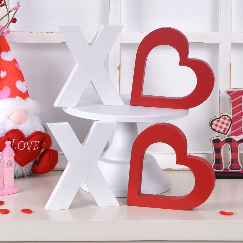 Ovootok Valentineâ€™s Day XOXO Table Decor, Rustic Valentineâ€™s Day Home Decorations, Freestanding Wooden Heart Sign for Tiered Tray, Mantel, Shelf, Table, Farmhouse Valentine Decor (white red) - Image 1