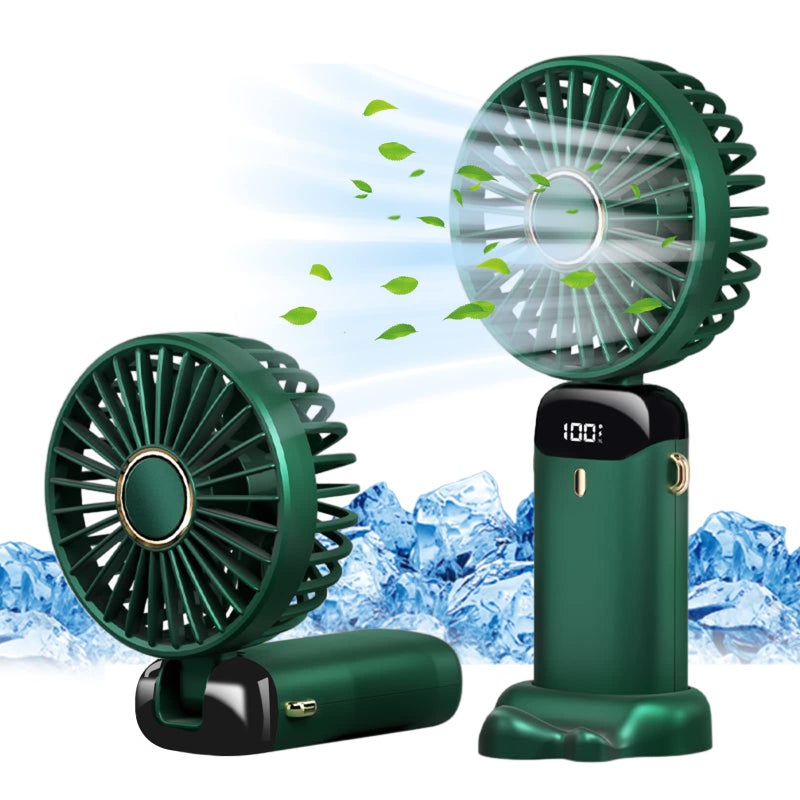 Jsdoin Hand Held FanPortable Handheld USB Rechargeable Fans with 5 SpeedsBattery Operated Mini Fan Foldable Desk Desktop Fans with LED Display for Home Office Bedroom Outdoor Travel Green