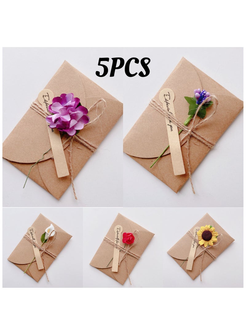 Generic Creative and simple DIY gift card handmade dried flower greeting card with kraft paper envelope jute rope birthday wedding gift (sunflower, lavender, red rose, white calla lily, purple carnation, 5 pieces)  - Image 1