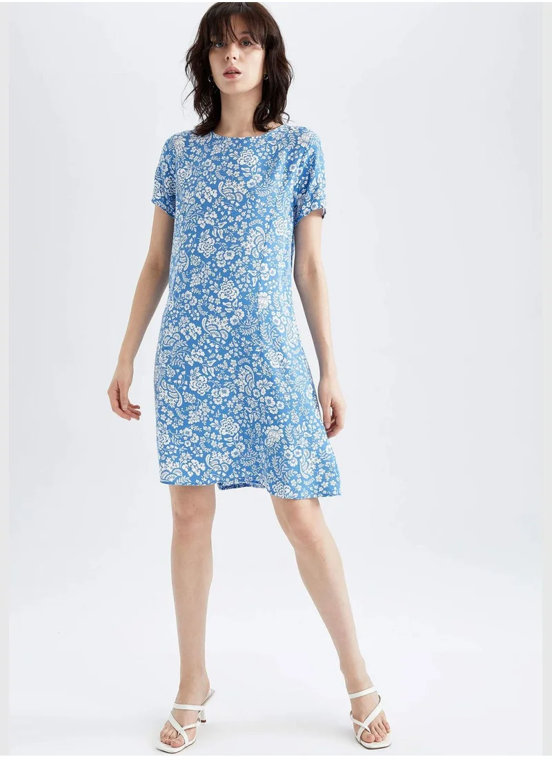 ديفاكتو Regular Waist Short Sleeve A-Line Woven Floral Print Dress