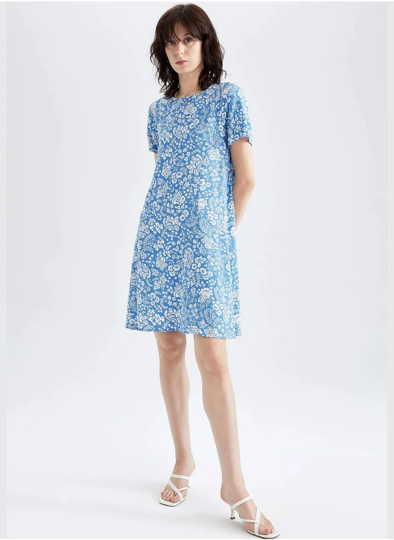 DeFacto Regular Waist Short Sleeve A-Line Woven Floral Print Dress